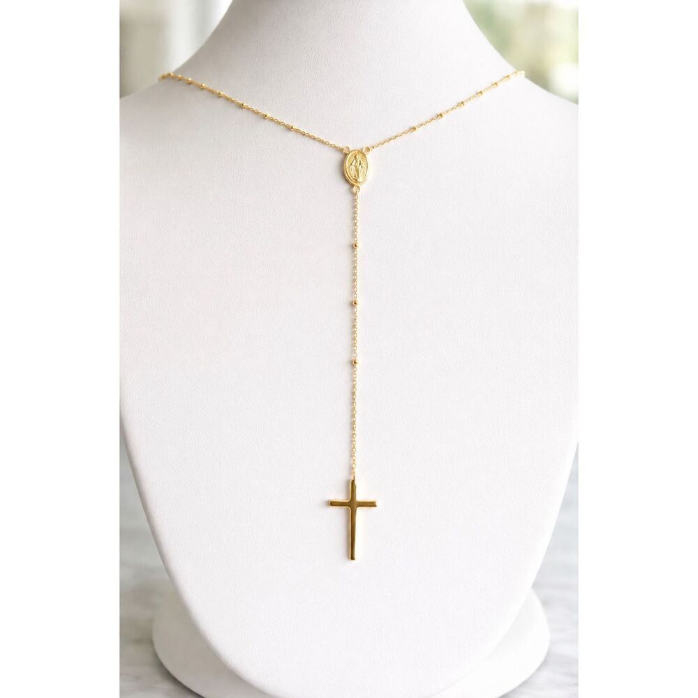 14K Gold Rosary Necklace Beaded Lariat Style Miraculous Medal & Cross Pendant